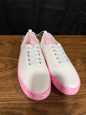 Kid’s White Canvas Sneakers with Pink Swirl Sole